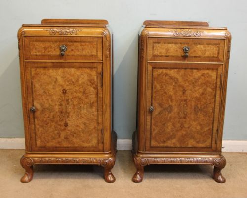 Quality Pair Burr Walnut Bedside Tables Cupboards Cabinets