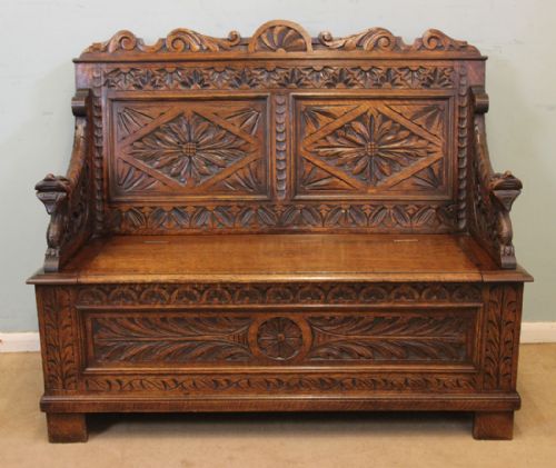 Antique Carved Oak Settle Hall Seat Monks Bench