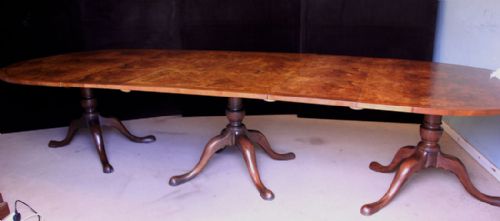 fig 1. Antique Georgian Style Three Pillar Extending Burr Walnut Dining Table