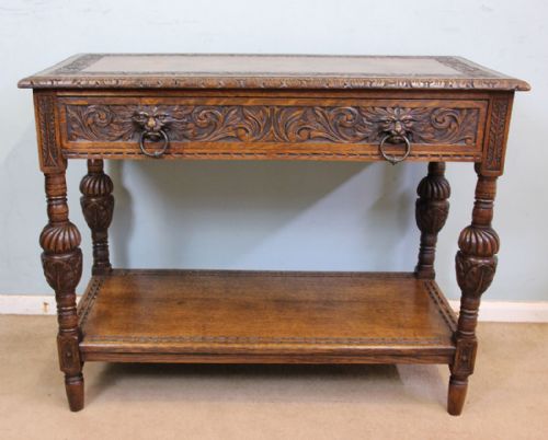 Antique Carved Oak Two Drawer Side Table Server