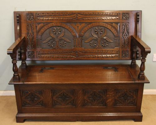 Antique Carved Oak Settle Monks Bench Hall Seat
