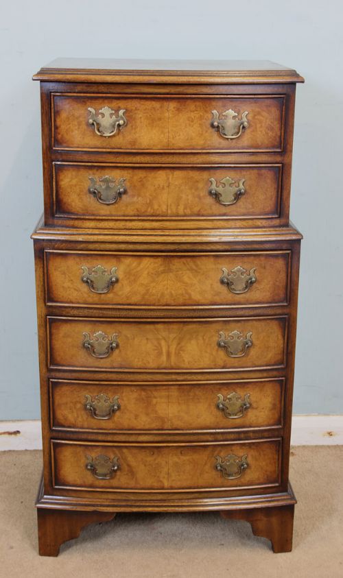 Small Bow Fronted Figured Walnut Chest of Drawers