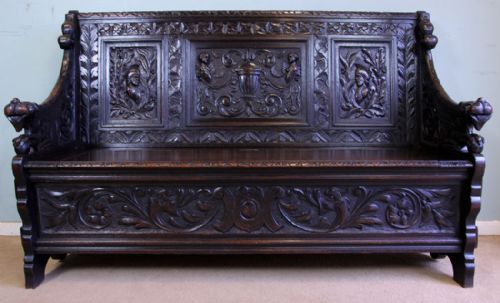 Antique Victorian Carved Oak Settle Monks Bench Hall Seat