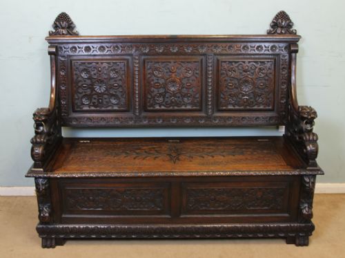 Antique Victorian Oak Settle Monks Bench Hall Seat