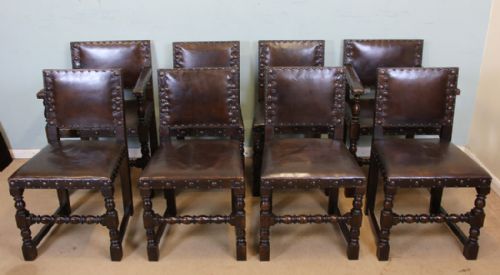 Set Eight Country Oak & Leather Dining Chairs