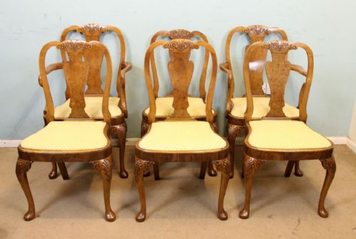 Set Six Queen Anne Style Burr Walnut Dining Chairs,