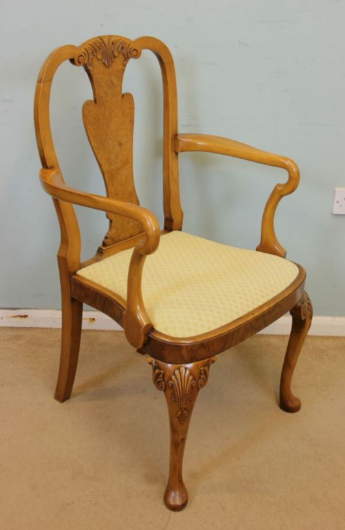 fig 1. Set Six Queen Anne Style Burr Walnut Dining Chairs,