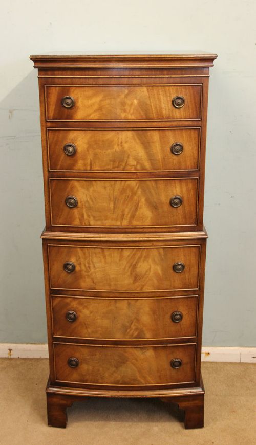 Figured Mahogany Small Bow Front Tall Chest of Drawers