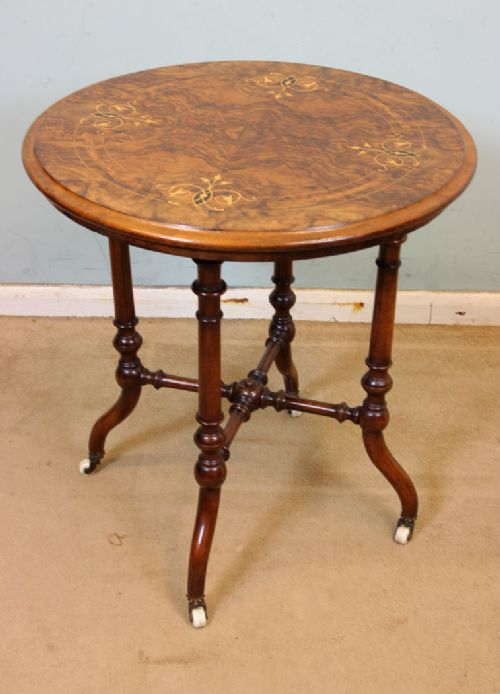 Antique Victorian Round Inlaid Burr Walnut Occasional Side Wine Lamp Table