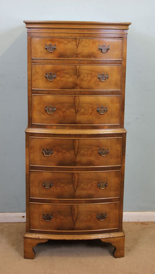 Figured Walnut Bow Fronted Chest on Chest Tallboy