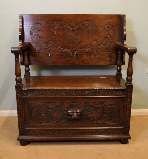Antique Oak Settle Monks Bench