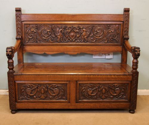 Antique Oak Settle Monks Bench Hall Seat.