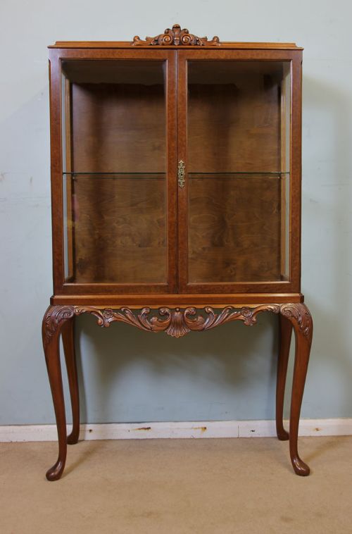 Queen Anne Style Burr Walnut China Display Cabinet.