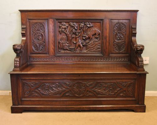 Antique Carved Oak Settle Monks Bench