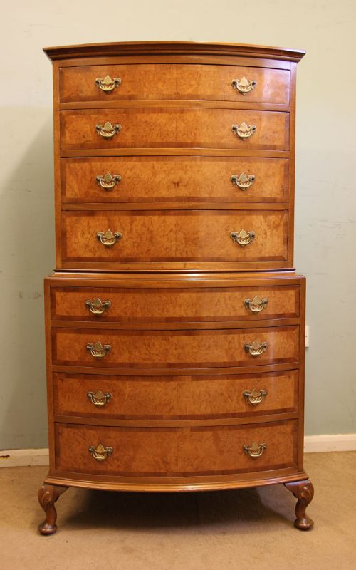 Quality Burr Walnut Bow Fronted Chest on Chest Tallboy