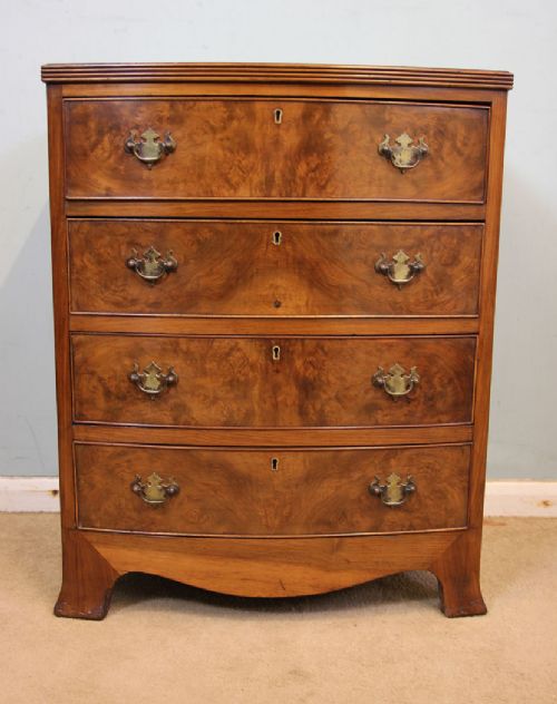 Small Burr Walnut Bow Fronted Chest of Drawers.