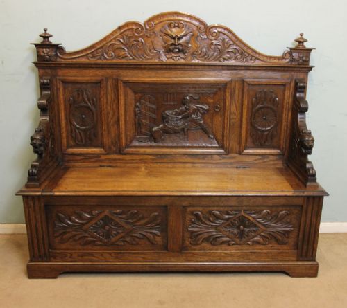 Antique Victorian Carved Oak Monks Bench Settle,