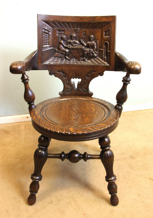 Antique Oak Desk Armchair Carved Tavern Scene,