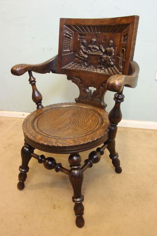 fig 1. Antique Oak Desk Armchair Carved Tavern Scene,