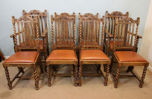 fig 1. Set Eight Barley Twist Antique Oak Dining Chairs