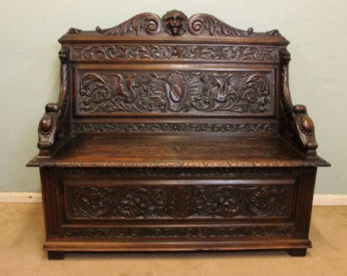 Antique Victorian Carved Oak Hall Bench Settle.