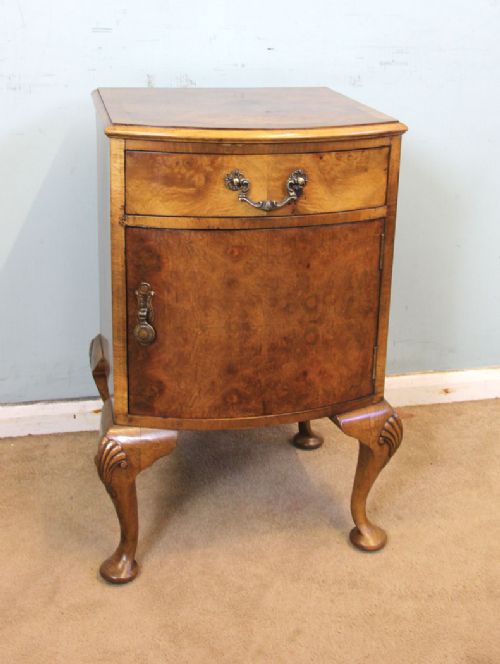 Figured Walnut Bow Front Bedside Side Cabinet.