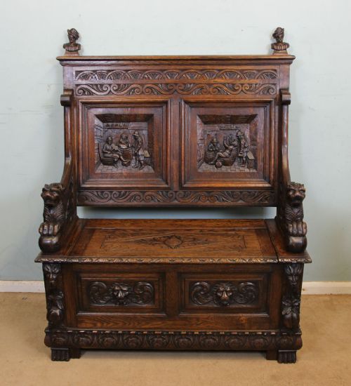 Antique Victorian Oak Settle Monks Bench Hall Seat,