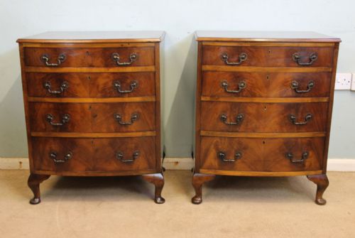 Pair Bow Front Bedside Walnut Chest of Drawers