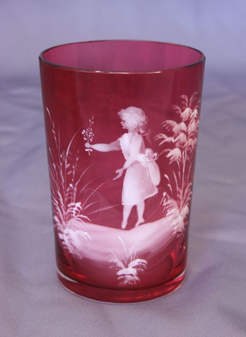 Antique Victorian Mary Gregory Cranberry Glass Tumbler