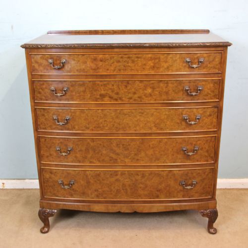Burr Walnut Queen Anne Style Bow Fronted Chest of Drawers.