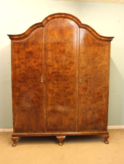 Burr Walnut Triple Wardrobe Queen Anne Style,