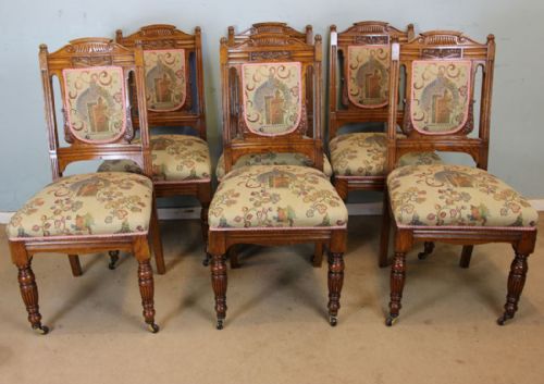 Antique Set of Six Oak Padded Back Dining Chairs