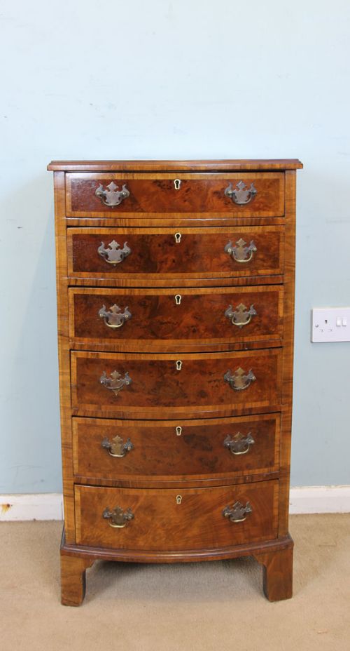 Antique Burr Walnut Bow Front Small Chest of Drawers