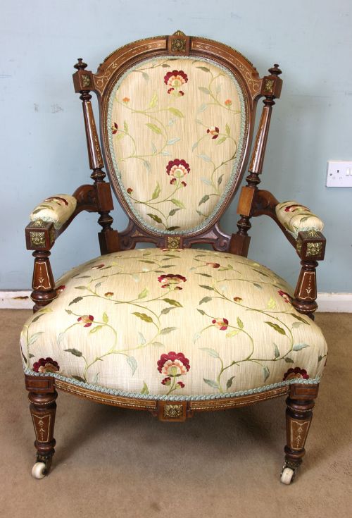 Antique Victorian Walnut Open Armchair.