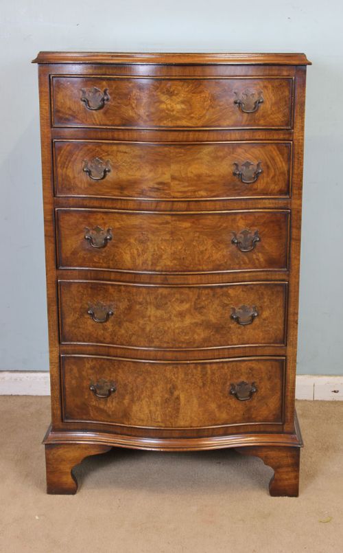 Burr Walnut Small Serpentine Front Chest of Drawers