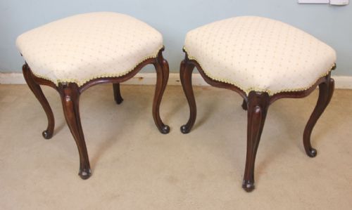 Antique Pair Victorian Walnut Cabriole Leg Stools