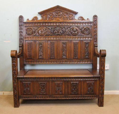 Antique Impressive Victorian Carved Oak Monks Bench Settle