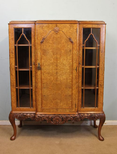 Quality Burr Walnut Bookcase Queen Anne Style
