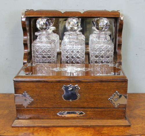 Antique Victorian Oak Case Three Bottle Tantalus