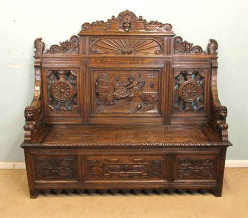 A Impressive Victorian Carved Oak Settle Monks Bench Hall Seat
