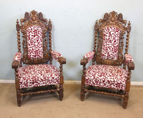 Antique Pair of Carved Oak Chairs Armchair