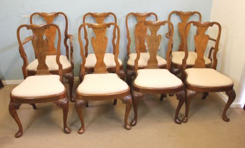 Set of Eight Queen Anne Style Walnut Dining Chairs