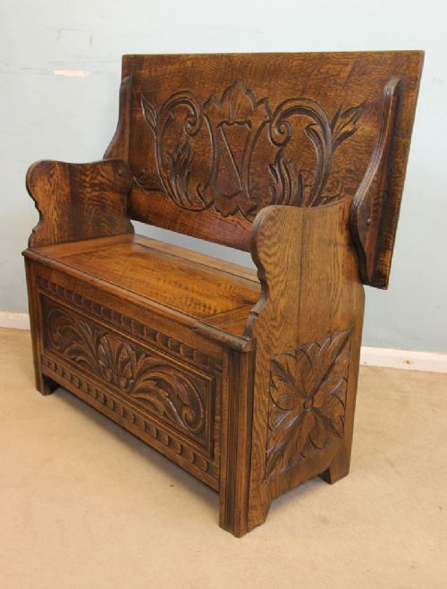 fig 1. Small Carved Oak Monks Bench Settle.