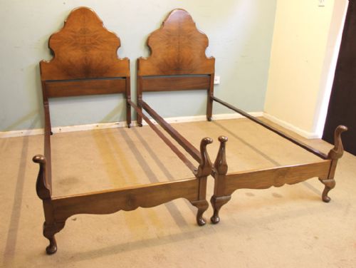 Pair Figured Walnut Single Beds.