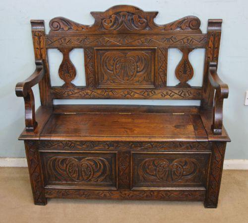 Carved Oak Settle Hall Seat Monks Bench