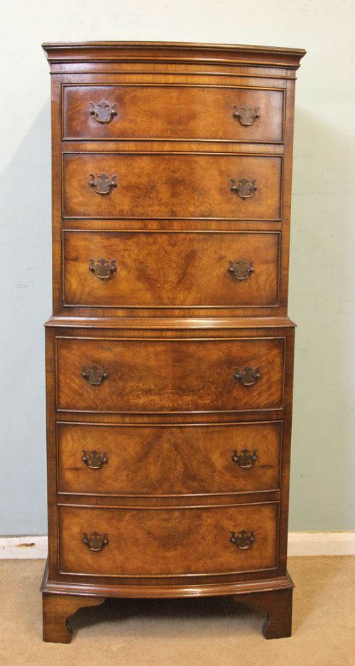 Burr Walnut Bow Front Chest on Chest
