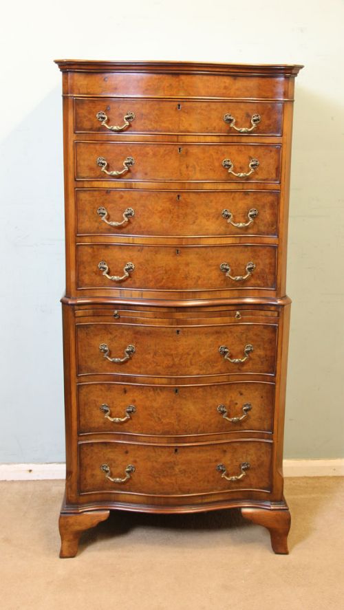 Antique Burr Walnut Serpentine Front Chest on Chest Tallboy