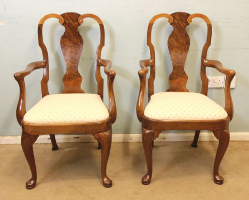 Quality Pair Walnut Armchairs Queen Anne Style