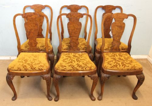 Set of Six Queen Anne Style Burr Walnut Dining Chairs