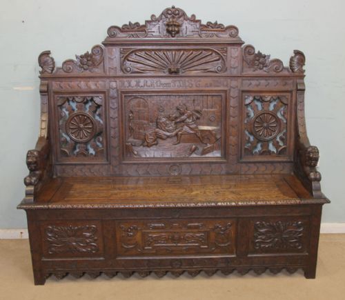 Impressive Victorian Carved Oak Settle Monks Bench Hall Seat